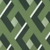 Geometric green pattern with diagonal dark green rectangles, lighter green lines, and off-white accents on a muted olive background.
