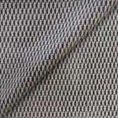 Belmondo fabric swatch, deep blue and beige geometric weave, small square pattern with visible texture and folded structure, studio lighting.