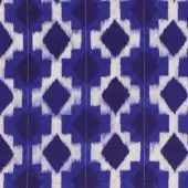 Belmondo fabric, deep blue geometric pattern with interlocking diamonds, indigo dye effect, subtle vertical lines, textured artisanal weave.