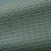 Geometric teal and beige woven fabric pattern with repeating wave-like rectangular blocks, displaying a subtle sheen and uniform texture.