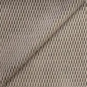 Woven fabric swatch, grey and black, repeating square motifs with “belmondo” text and product codes, matte texture, studio lighting.