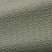 Green geometric fabric sample with undulating horizontal lines, a raised weave, and a subtle sheen; labeled “belmondo fabric bm”.