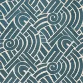 Interlocking wave pattern in teal and cream, featuring parallel lines and curved forms, creating a textured, dynamic surface with Art Deco influence.
