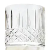Glass tumbler, clear glass, cylindrical shape with diamond cuts and ribbed texture, resting on a grey and white swirling marble base.