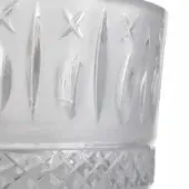 Crystal glass vessel, clear cut crystal, vertical ribbed and floral etched pattern, diamond base, refractive light, studio product shot.