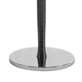 Chrome and black metal base from the Agata collection, featuring a circular polished plate atop a threaded, spiraled rod.