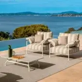 Sophisticated Talenti Capri lounge chair with striped light beige and white textile upholstery and matte neutral metal frame
