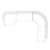 Sectional sofa line drawing, black and white, L-shape with curved and rectangular segments, quilted texture, schematic design.