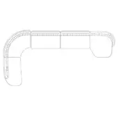 Modular sectional sofa line drawing, light gray, curved L-shape with textured cushions and three rectangular modules against a white background.