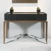 Distinguished BelMondo by Bellotti Ezio Auriga console crafted in wood with a satin finish, exhibiting dark drawer fronts and gently curved legs