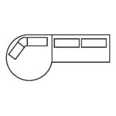 Office floor plan with rectangular and semi-circular layout, black lines on white, showing work and seating zones.