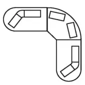Curved desk configuration, black lines, L-shape with rounded corners, rectangular cutouts, modular workspace, technical drawing, white background.