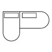 Desk line drawing, black and white, stylized P-shape with rectangular cutouts, modern minimalist design, labeled “comp. d r”.