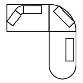 Desk configuration schematic with three connected sections: rectangular, angled, and curved forms in black lines.