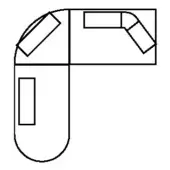 Architectural floor plan with curved wall, rectangular rooms, and diagonal block shapes in grayscale, depicting a minimalist interior layout.