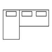Corner desk schematic, black lines on white, L-shaped layout with rectangular cutouts representing drawers, differing section heights.