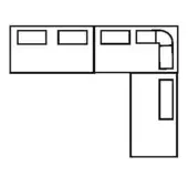 L-shaped desk schematic with black lines showing three joined rectangular sections, drawer cutouts, curved detail, and cable management slot.