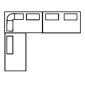 Office workstation layout diagram, black lines on white, corner desk with rectangular storage, curved monitor arm detail, technical drawing.