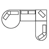 Modular office desk line drawing, L-shape, black and white, with three connected sections, drawers, curved ends, and monitor placeholders.