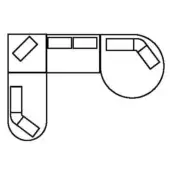 Modular office desk line drawing, black and white, L-shape with curved extension, featuring integrated rectangular storage and monitor graphics.