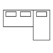 Built-in furniture schematic, black line drawing, L-shaped design with two rectangular sections and three shelf cutouts on white background.