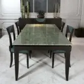 Distinguished BelMondo Auriga table with polished green and grey marble tabletop and dark matte-finished wood base