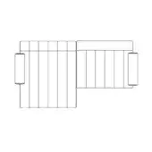 Modular sectional sofa, gray tone, L-shape with square armrests and rectilinear segmented cushion design on a white background.