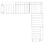 Modular sectional sofa line drawing, black on white, L-shape with extended square module, ribbed texture, contemporary design.
