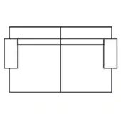 Rectangular sofa line drawing, white background, geometric form with high back and divided seat, simple armrests, padded construction.