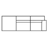 Modular furniture schematic with black lines outlining a horizontal arrangement of rectangular sections, including text “comp. e r”.