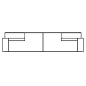Three-seater sofa line drawing, modular design, angled backrests, rectangular arms, black on white technical illustration.