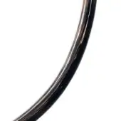 Black glass circle with avventurina flecks, glossy finish, curved surface, and polished texture against a white backdrop.