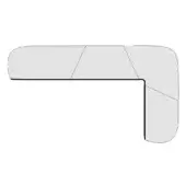 Sectional sofa, light gray fabric, L-shape with rounded edges and segmented panels, modern design, broad armrests, rectangular backrest.