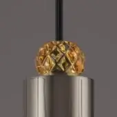 Amber glass pendant light, diamond textured sphere, brushed metal cylinder with vertical ridges, black suspension cord, gray background.