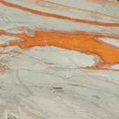 Onyx tramonto texture with pale off-white, orange, and reddish-brown swirling patterns, featuring hairline fractures and a rough, uneven surface.
