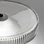 Circular ceiling light, satin methacrylate, with hand-carved transparent glass border featuring vertical ridged pattern and triangular details.