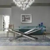 Superior Reflex Mikado table with transparent glass tabletop and matte titanium finished steel X-shaped base