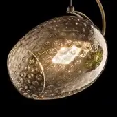 Pendant light, smoked glass, irregular egg shape with textured surface, brass metal arm, warm amber glow, asymmetrical design.