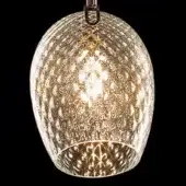 Pendant light, clear glass, egg-shaped shade with textured surface and brass-colored metal fitting, suspended from a circular mounting plate.