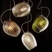 Chandelier, silver-toned metal, four pendants with unique glass shapes: sphere, ribbed, ridged, textured, varying transparency and reflectivity.