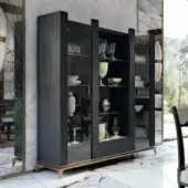 Remarkable BelMondo by Bellotti Ezio Auriga glass cabinet with dark matte wood frame and light wood-toned angled legs built in Italy