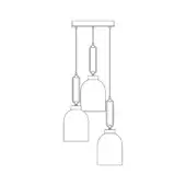 Three-tiered pendant light, black linear drawing, rectangular shades descend from cords, minimalist industrial design, white background.