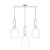 Pendant chandelier line drawing, metal and white shades, rectangular mounting plate with three descending truncated cone lights.