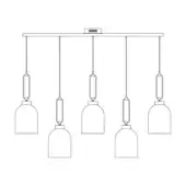 Five-light pendant chandelier, line drawing, rectangular canopy, slender cords, truncated cone shades, minimalist modern design.