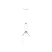 Pendant light, metal line drawing, rectangular mount with slender rod supporting oval element and flared bell-shaped shade.