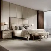 Distinguished DV Home Collection Elite bed upholstered in light beige textile with a refined gold finished steel frame insert