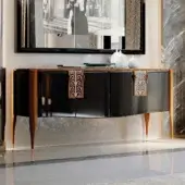 Distinguished BelMondo Lexington Avenue sideboard with glossy black wood and lighter brown accents, built with unique stone-enhanced handles