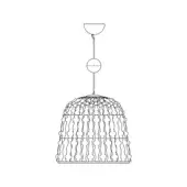 Pendant light, black line drawing, tiered crown-shaped fixture with repeating leaf motifs suspended from a circular rod and semi-sphere mount.