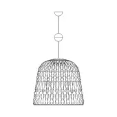 Pendant light, metal line drawing, domed shade with repeating rectangular pattern, slender rod suspension, circular ceiling mount.