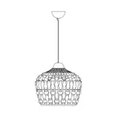 Pendant light, black line drawing, semi-spherical shade with repeating vertical rectangular lattice pattern and slender rod suspension.